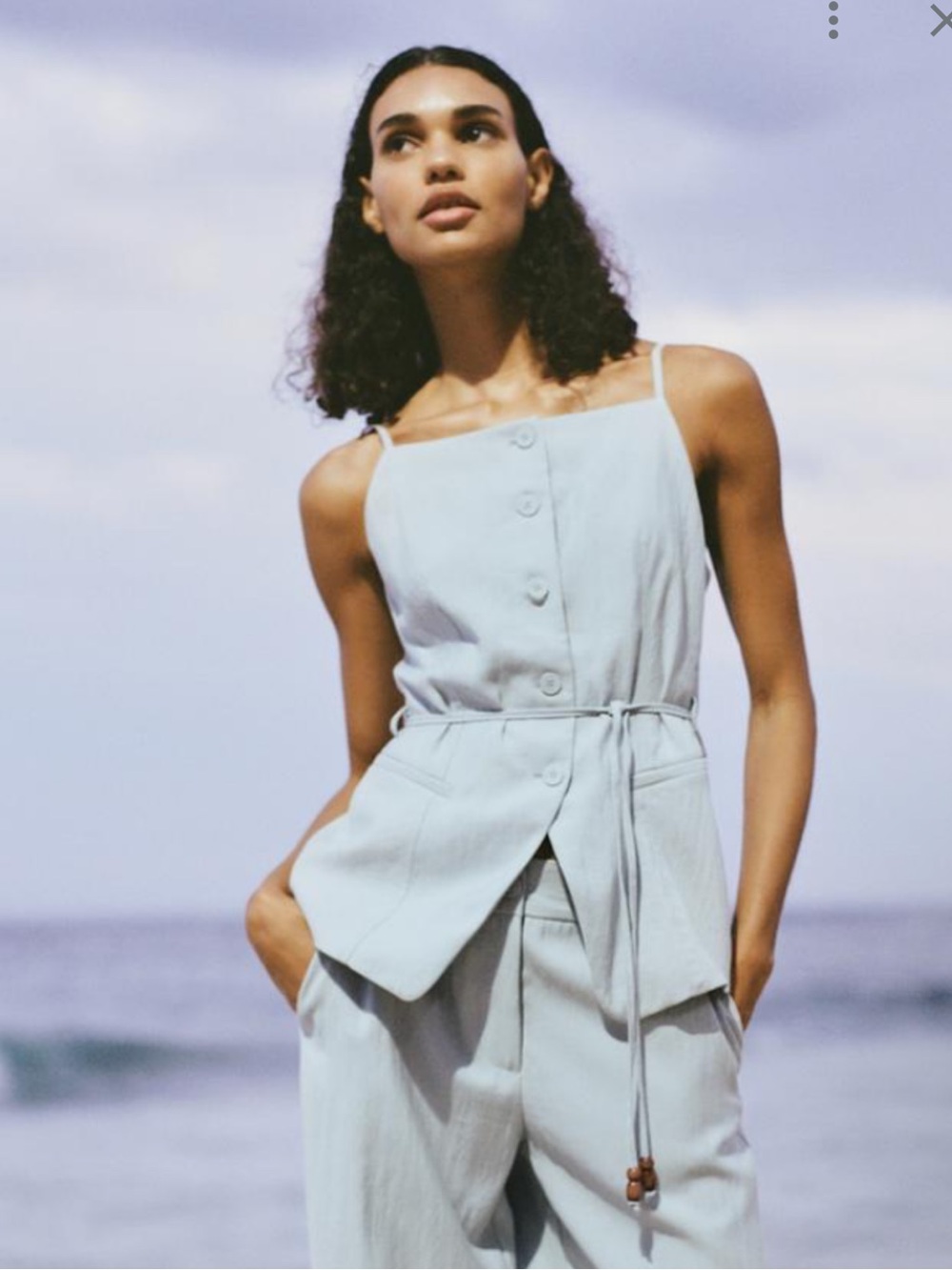 Zara Pale Blue Sleeveless Button-Front Top with Tie Waist